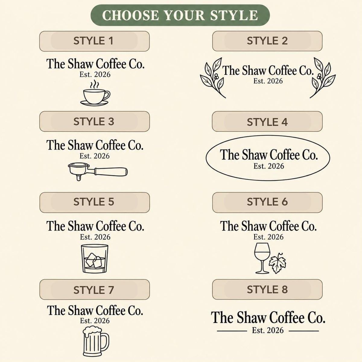 Choose from eight Home Bar and Coffee Station engraving styles