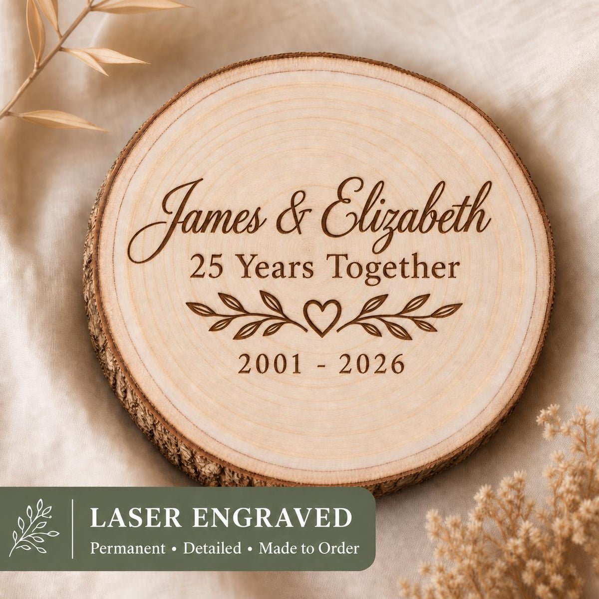 Milestone Anniversary personalized engraved wood slice. Engraving detail.