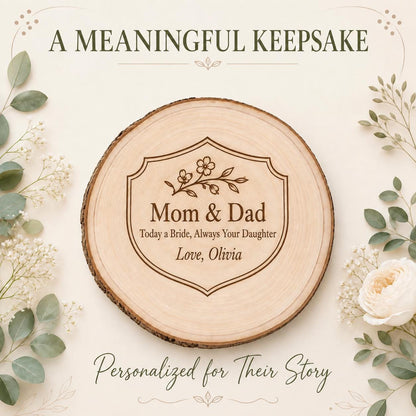 Parents of Bride personalized engraved wood slice. Personalized keepsake example.