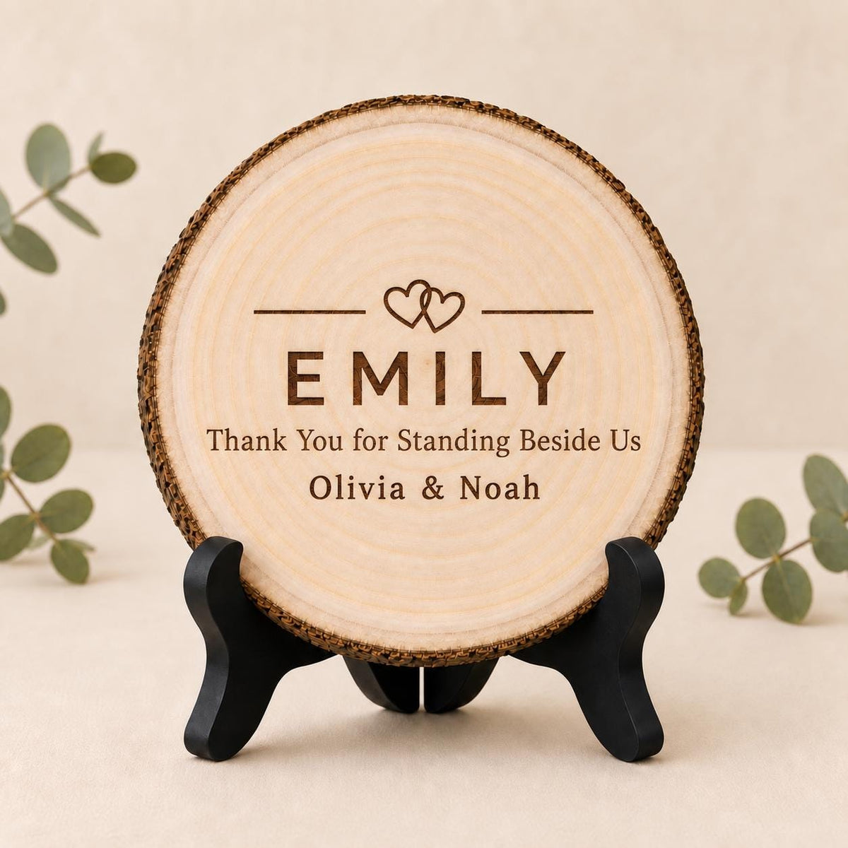 Wedding Witness personalized engraved wood slice. Optional stand display.