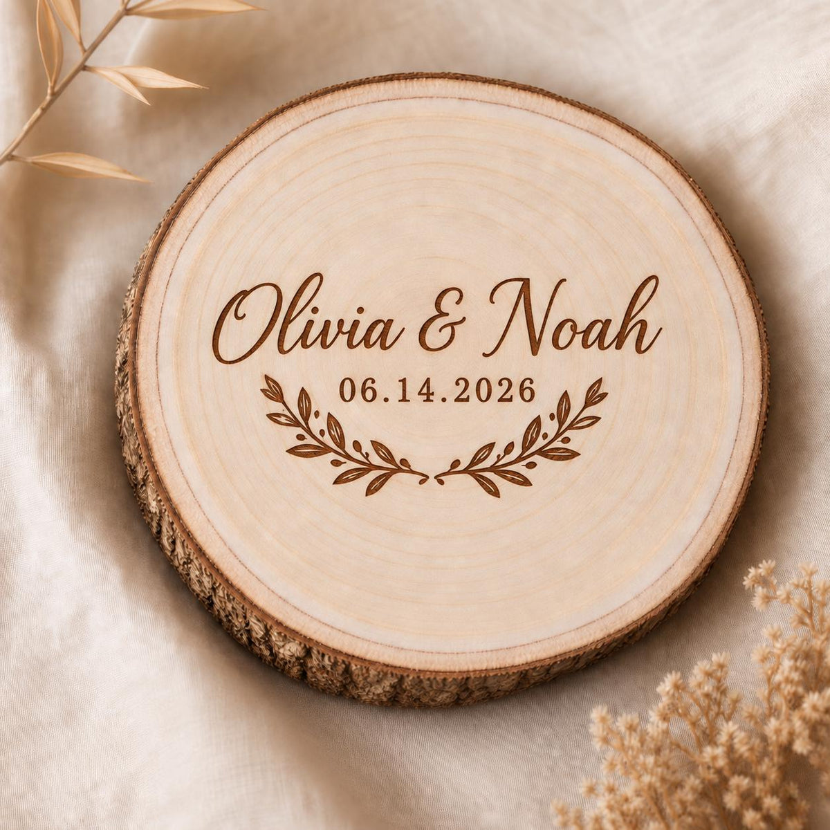 Rustic Wedding personalized engraved wood slice. Engraving detail.