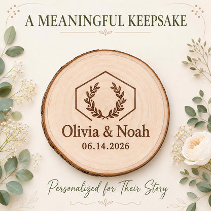 Rustic Wedding personalized engraved wood slice. Personalized keepsake example.