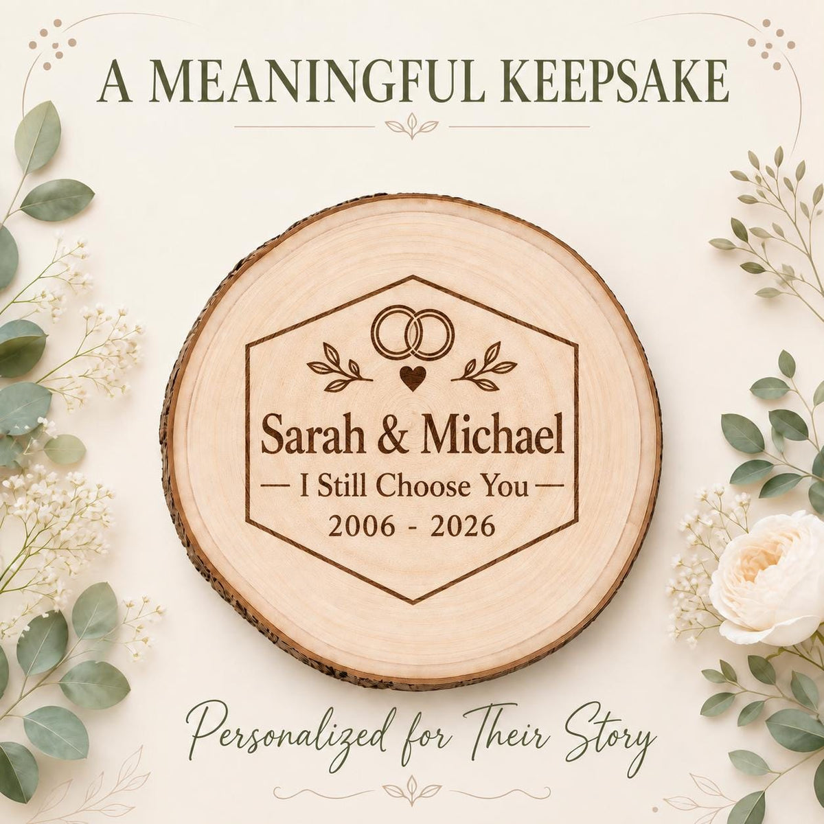 Vow Renewal personalized engraved wood slice. Personalized keepsake example.