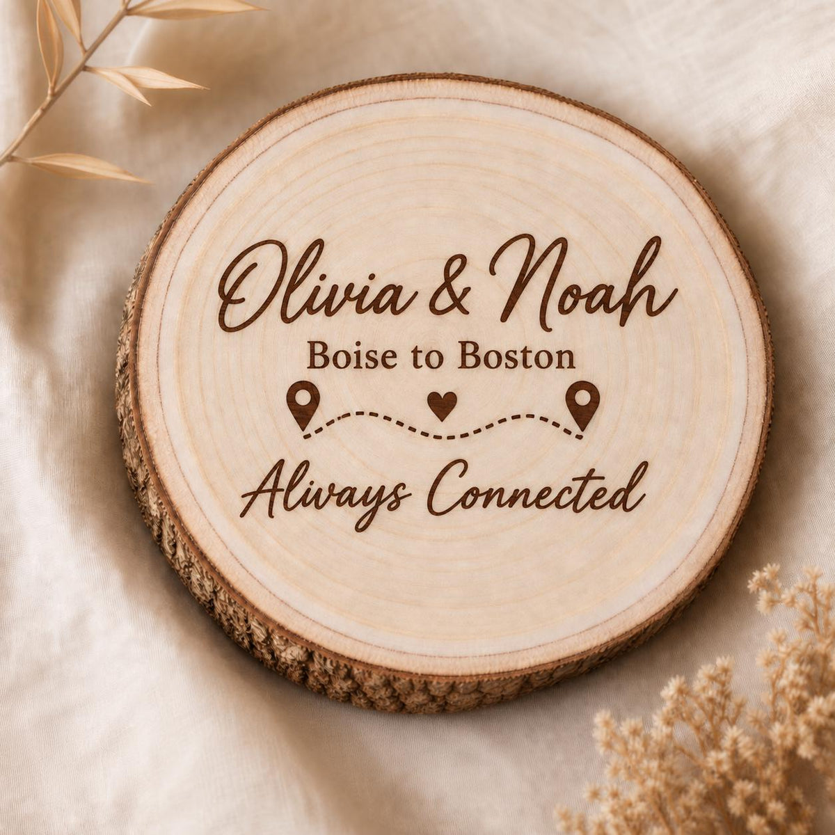 Long Distance Couple personalized engraved wood slice. Engraving detail.