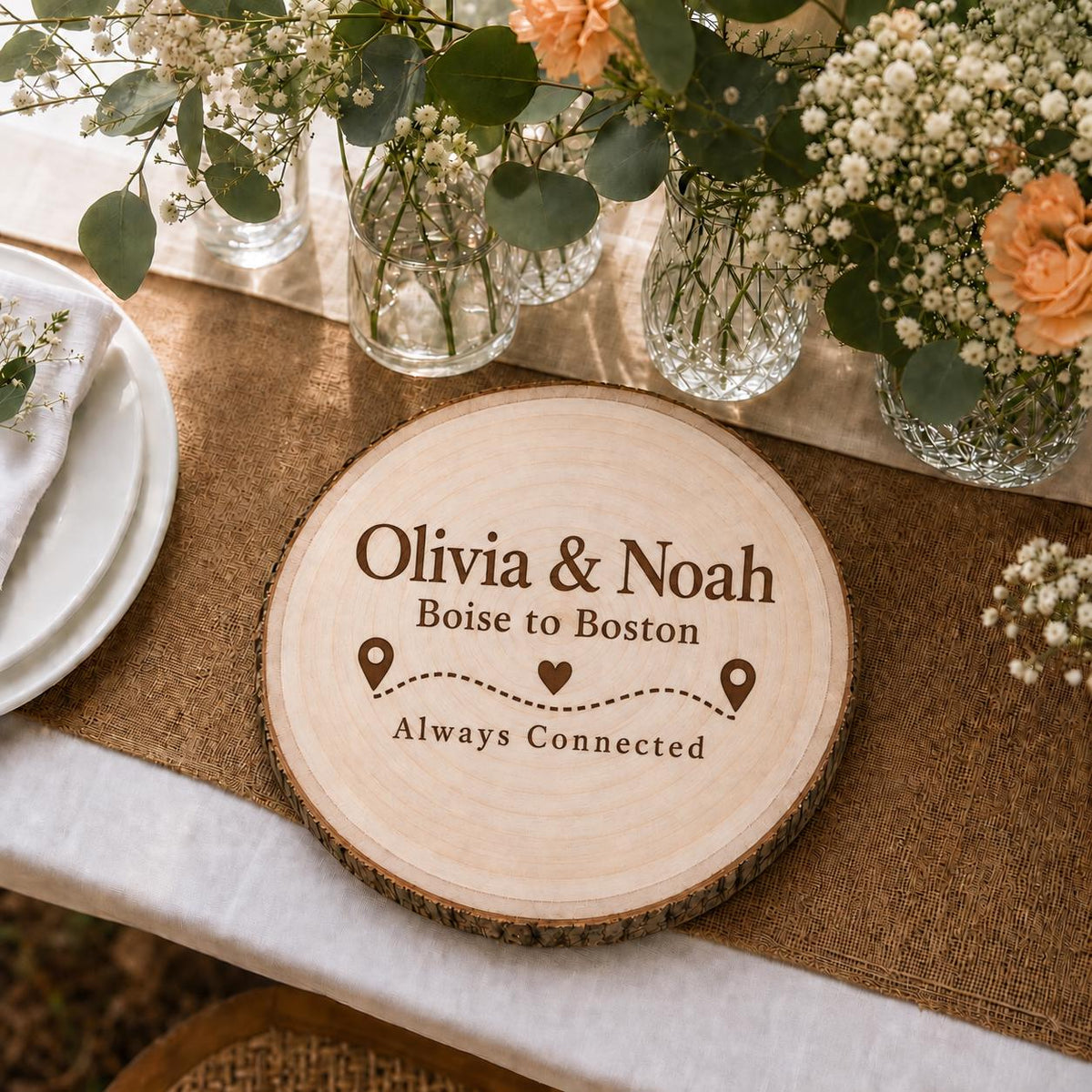 Long Distance Couple personalized engraved wood slice. Table display example.