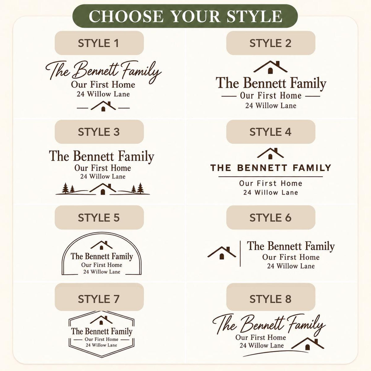 First Home personalized engraved wood slice. Eight available design styles.