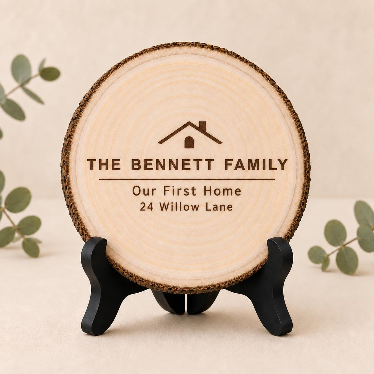 First Home personalized engraved wood slice. Optional stand display.