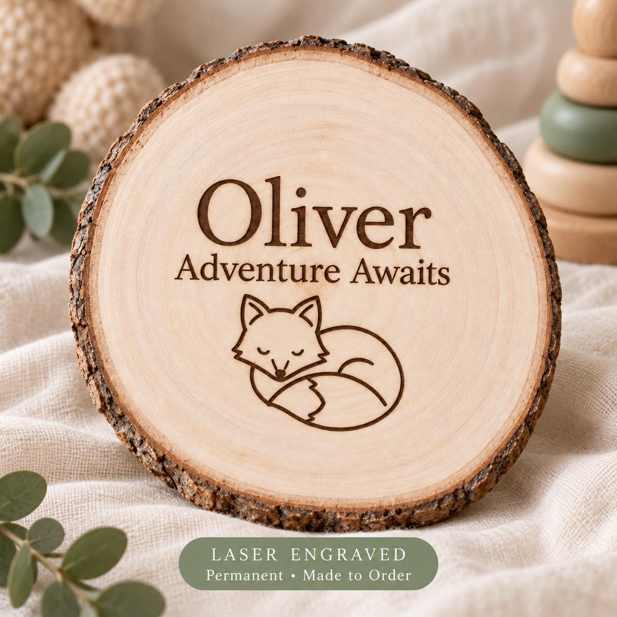 Woodland Nursery personalized wood sign: engraving detail