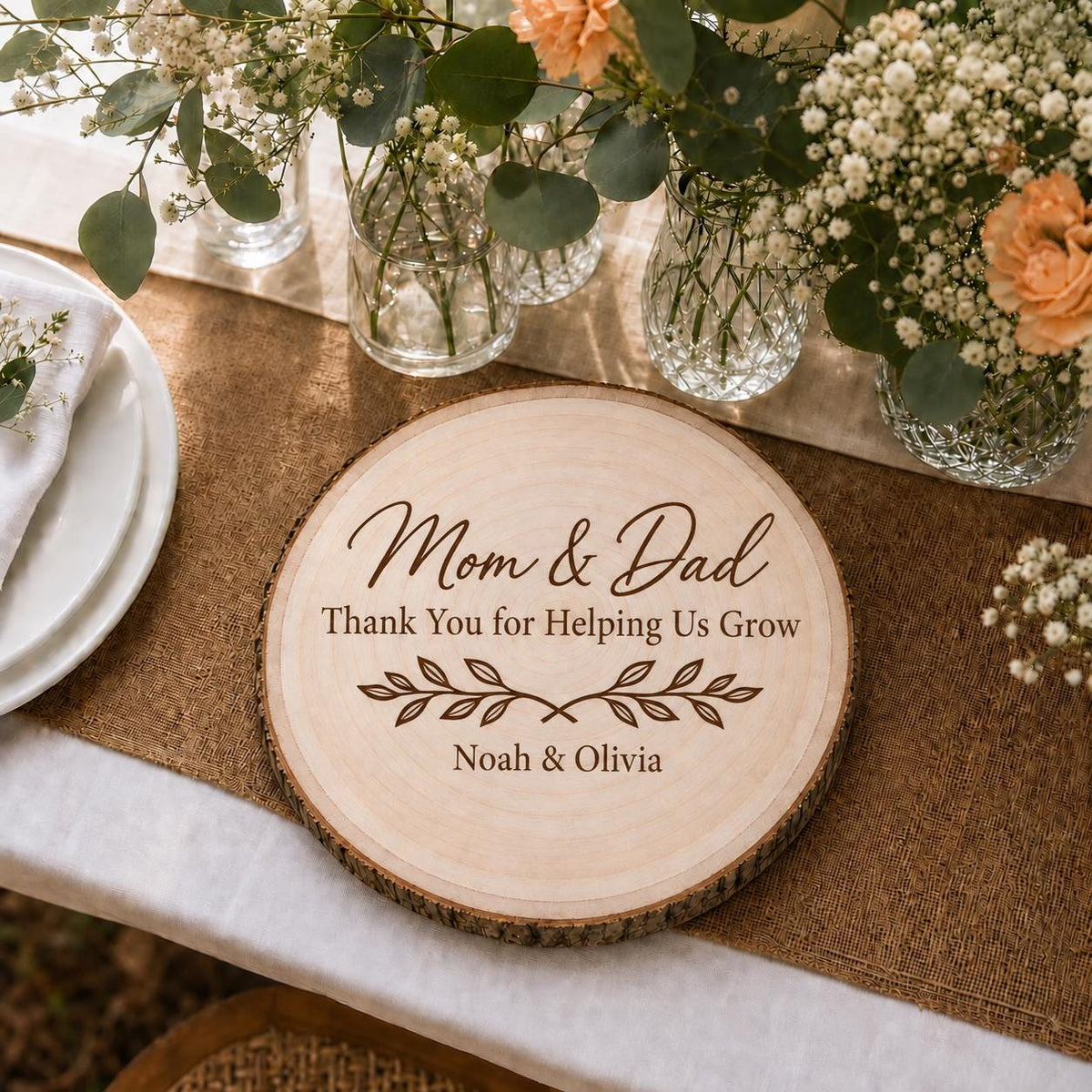 Parents of Groom personalized engraved wood slice. Table display example.
