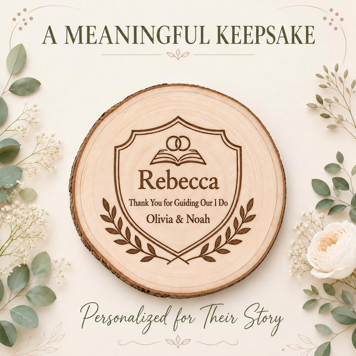 Wedding Officiant personalized engraved wood slice. Personalized keepsake example.