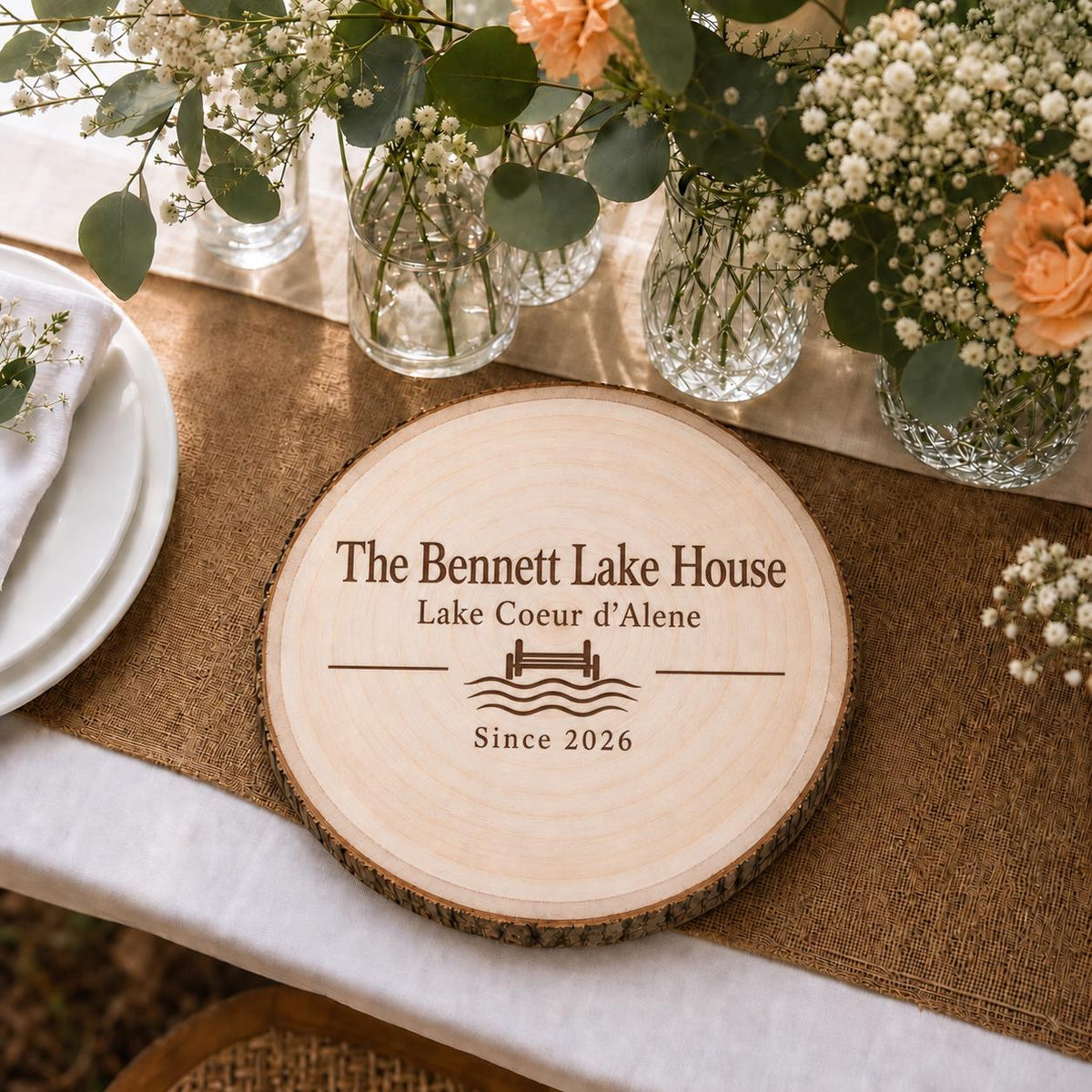 Lake House personalized engraved wood slice. Table display example.
