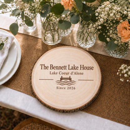 Lake House personalized engraved wood slice. Table display example.