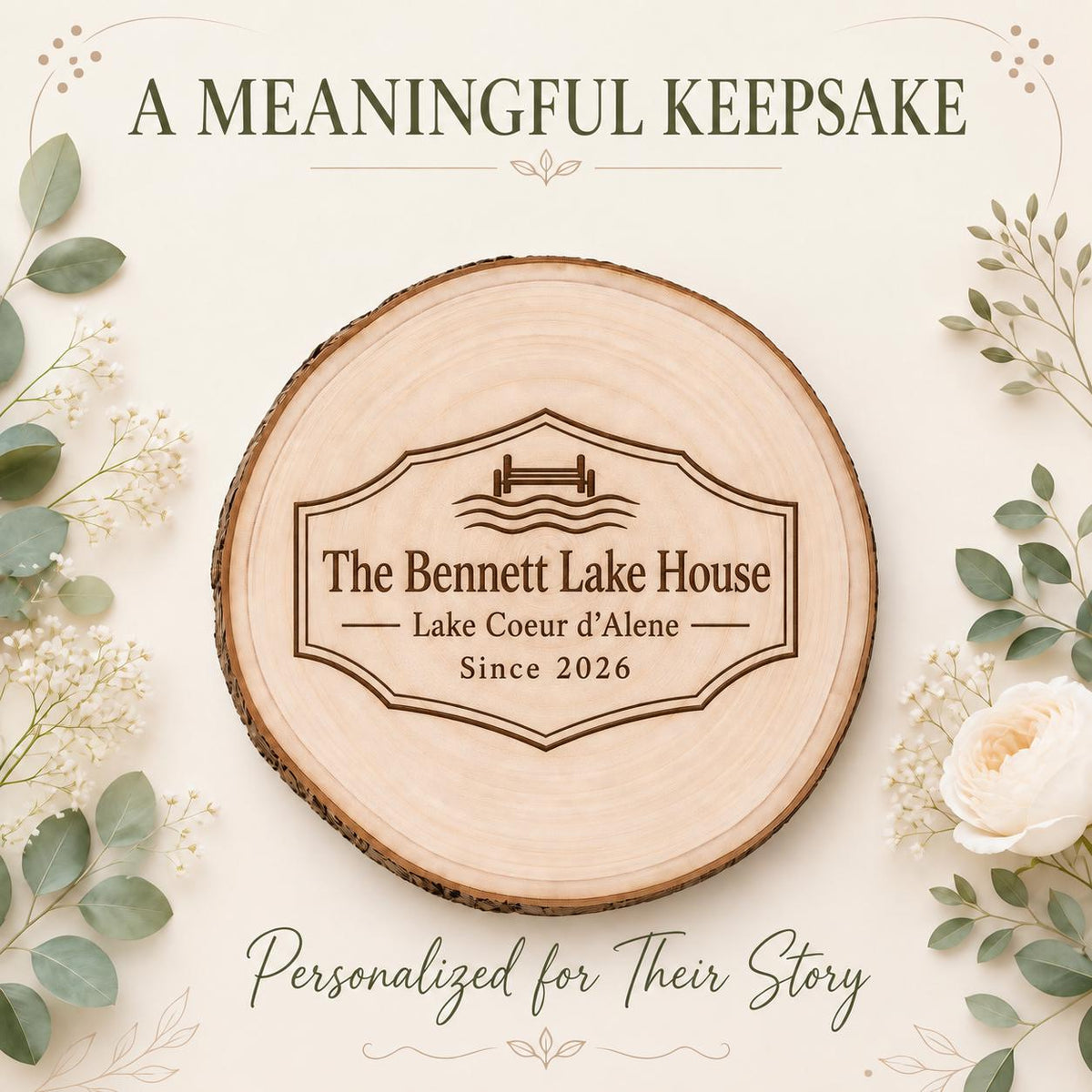 Lake House personalized engraved wood slice. Personalized keepsake example.