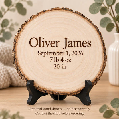 Birth Announcement Style 1 sign on the optional black folding stand, sold separately