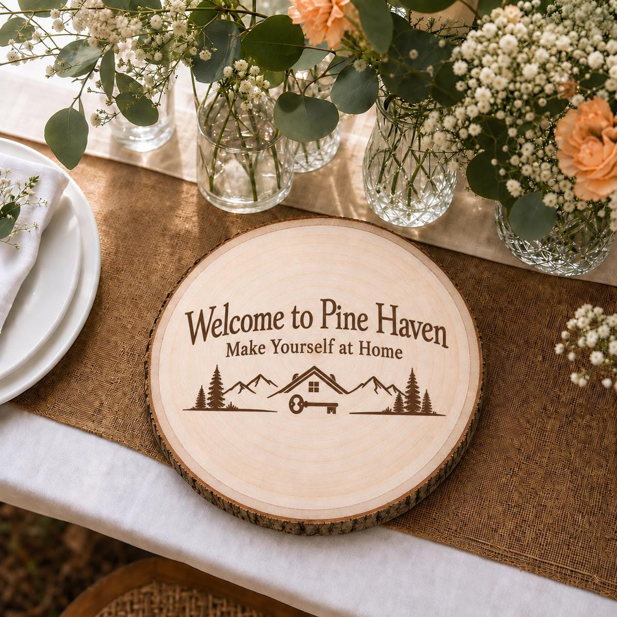 Vacation Rental Host personalized engraved wood slice. Table display example.
