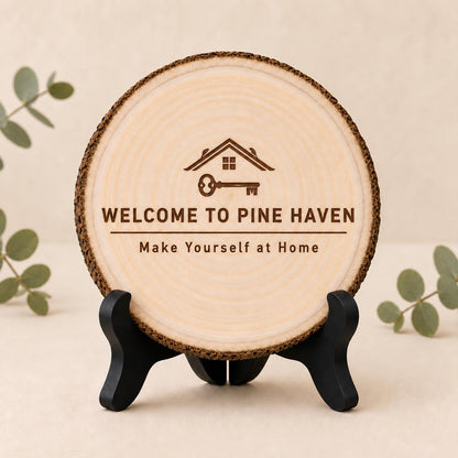 Vacation Rental Host personalized engraved wood slice. Optional stand display.