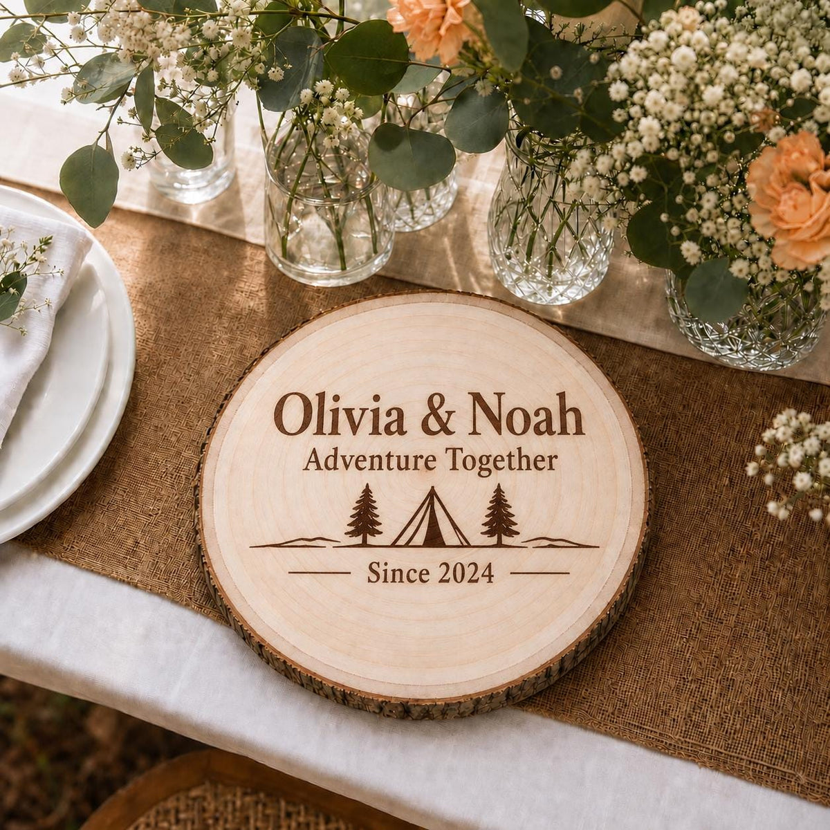 Camping Couple personalized engraved wood slice. Table display example.