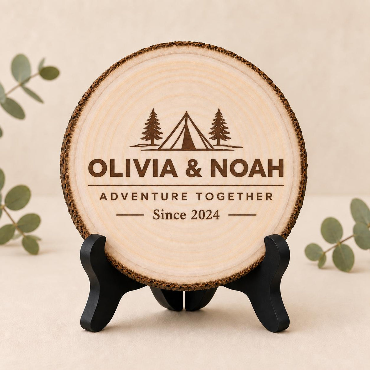 Camping Couple personalized engraved wood slice. Optional stand display.