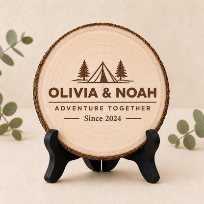 Camping Couple personalized engraved wood slice. Optional stand display.