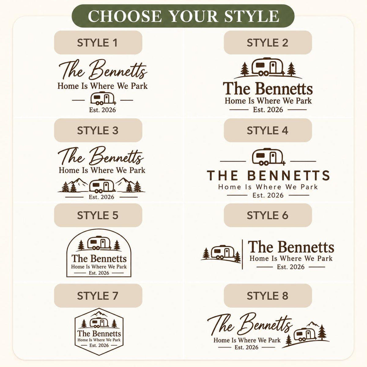 RV Traveler personalized engraved wood slice. Eight available design styles.