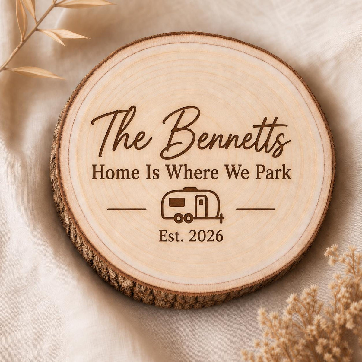 RV Traveler personalized engraved wood slice. Engraving detail.