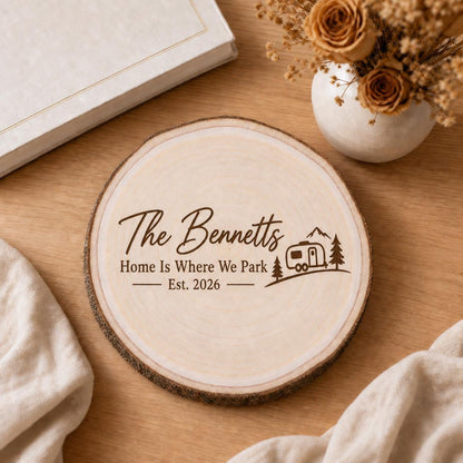 RV Traveler personalized engraved wood slice. Styled keepsake example.