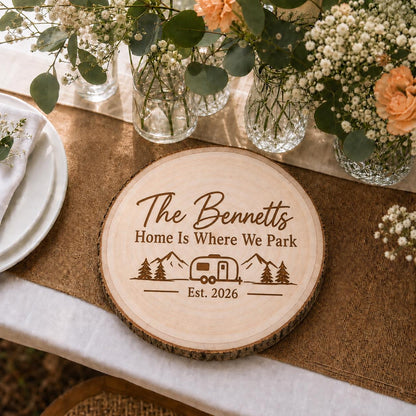 RV Traveler personalized engraved wood slice. Table display example.