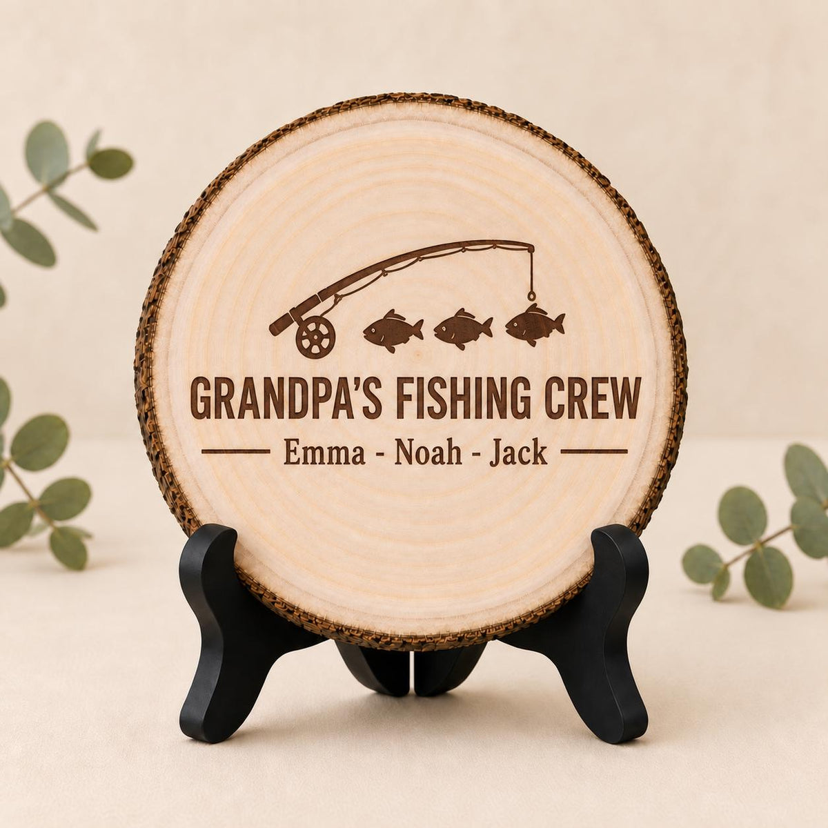 Fishing Dad Grandpa personalized engraved wood slice. Optional stand display.