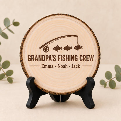 Fishing Dad Grandpa personalized engraved wood slice. Optional stand display.