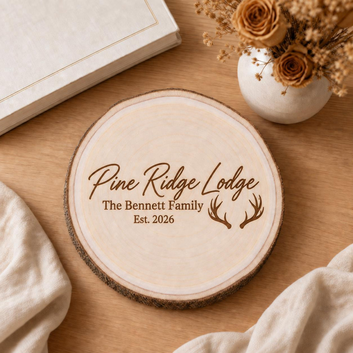 Hunting Lodge personalized engraved wood slice. Styled keepsake example.