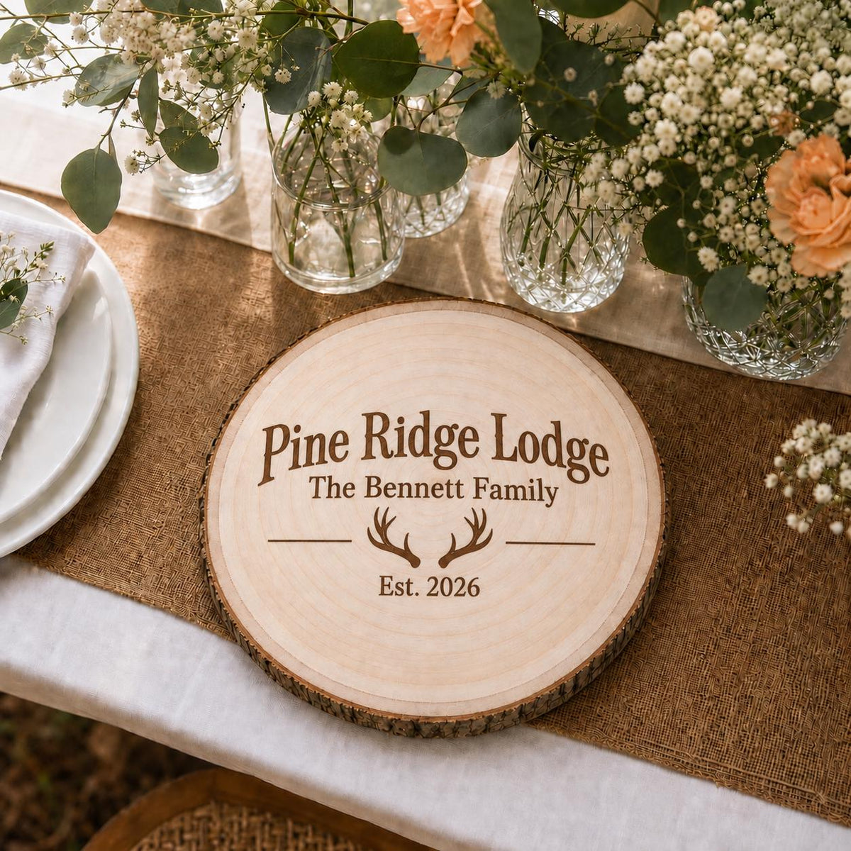 Hunting Lodge personalized engraved wood slice. Table display example.