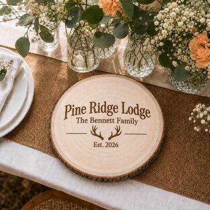 Hunting Lodge personalized engraved wood slice. Table display example.