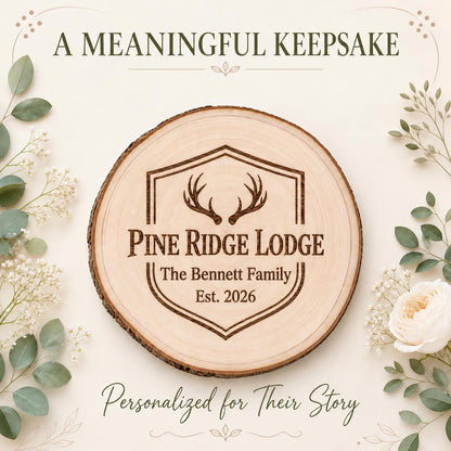 Hunting Lodge personalized engraved wood slice. Personalized keepsake example.
