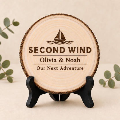 Boating Couple personalized engraved wood slice. Optional stand display.