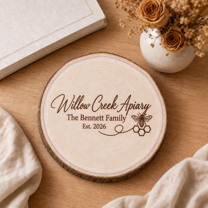 Beekeeper personalized engraved wood slice. Styled keepsake example.