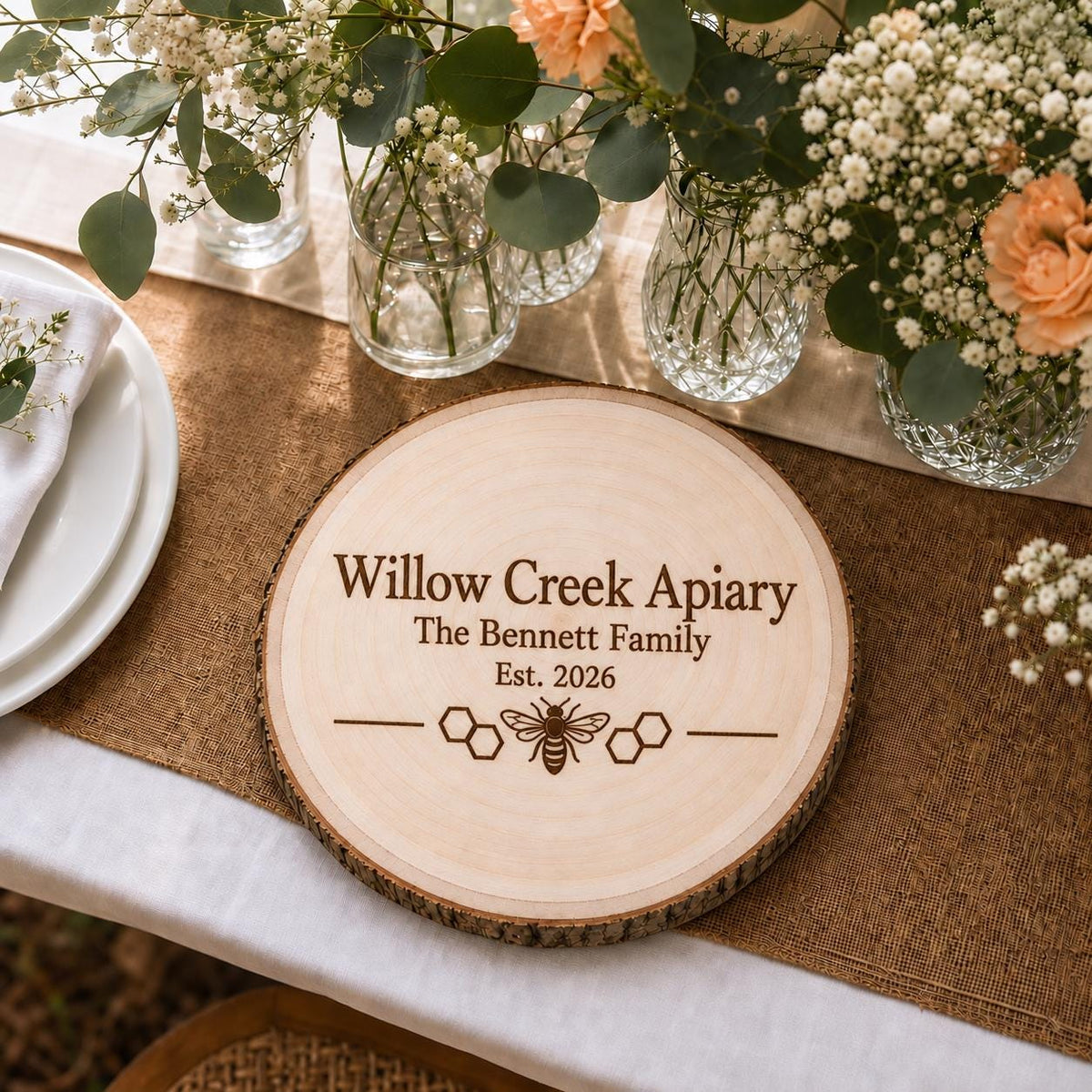 Beekeeper personalized engraved wood slice. Table display example.