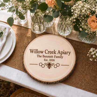 Beekeeper personalized engraved wood slice. Table display example.