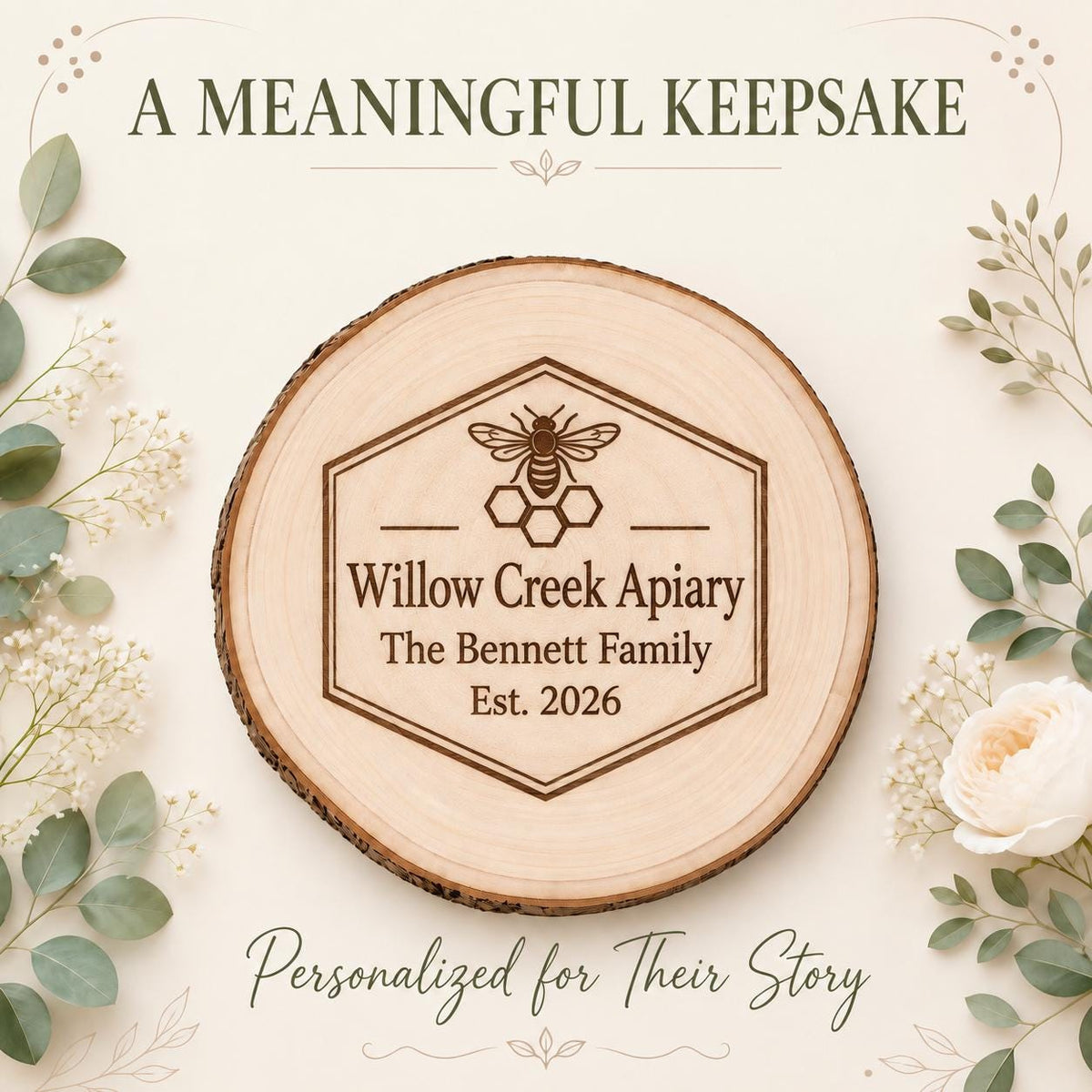Beekeeper personalized engraved wood slice. Personalized keepsake example.
