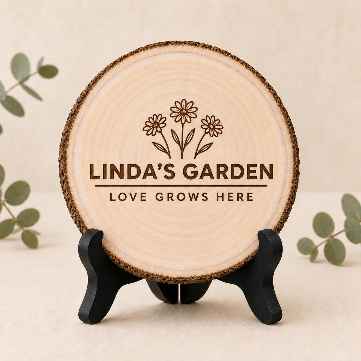 Gardener personalized engraved wood slice. Optional stand display.