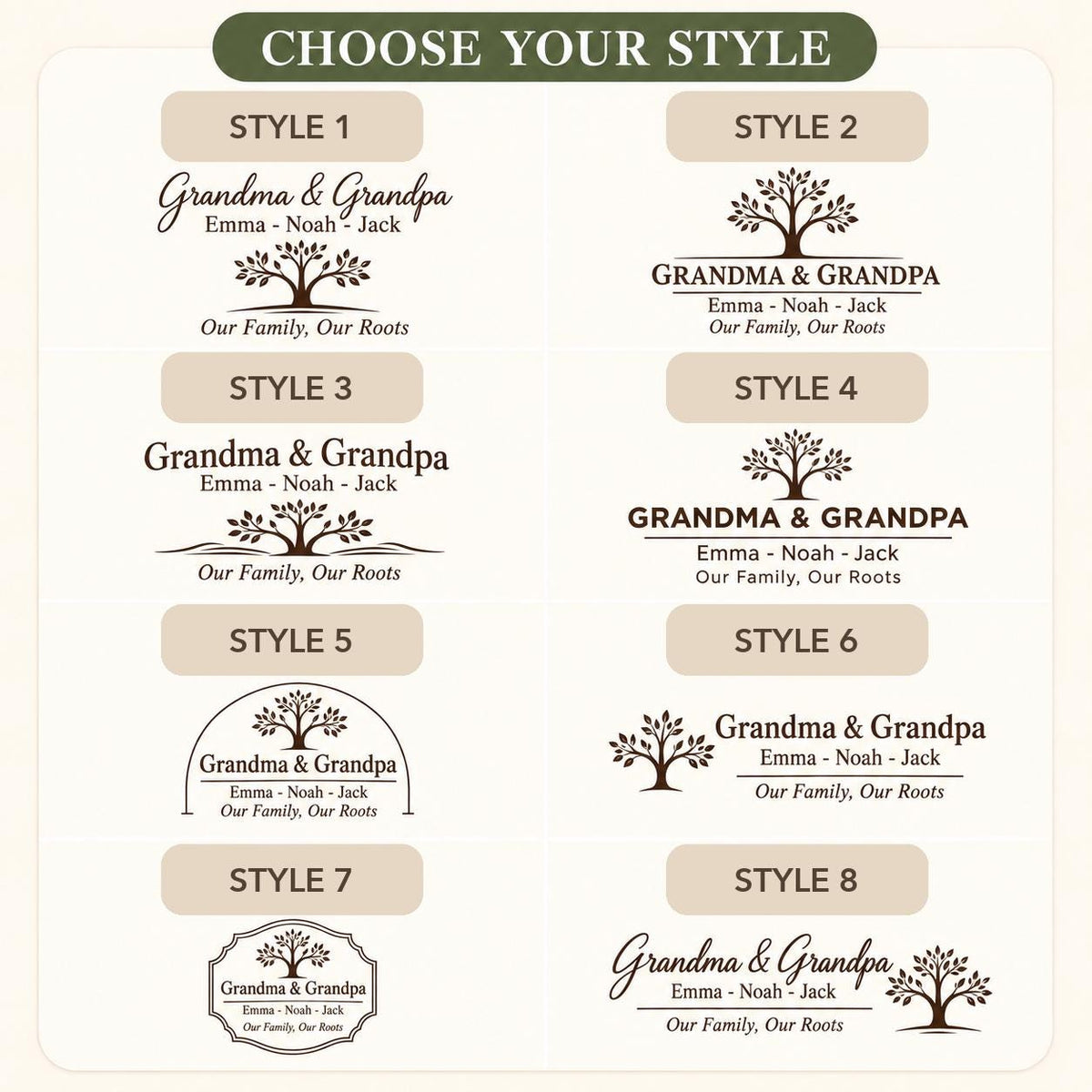 Grandparents Family Tree personalized engraved wood slice. Eight available design styles.