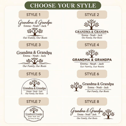 Grandparents Family Tree personalized engraved wood slice. Eight available design styles.