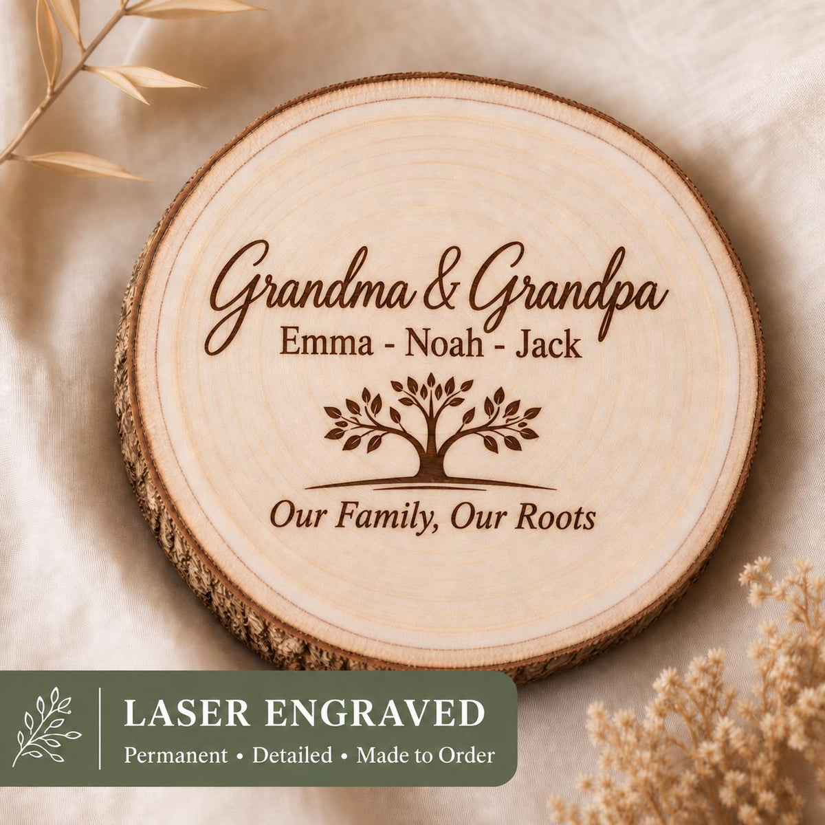 Grandparents Family Tree personalized engraved wood slice. Engraving detail.