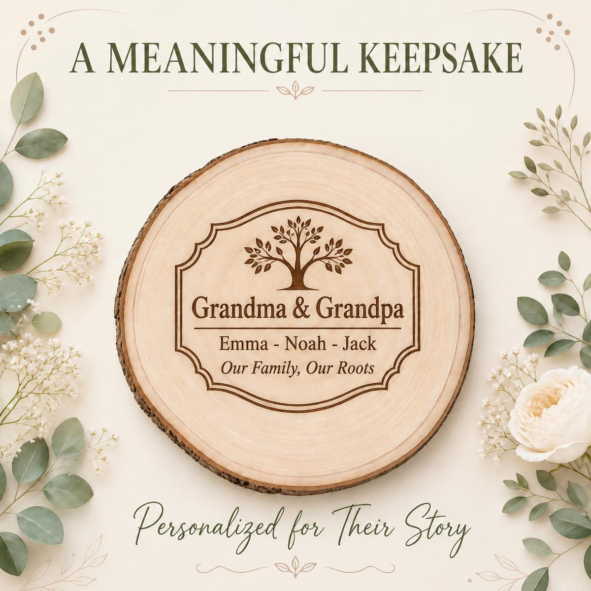 Grandparents Family Tree personalized engraved wood slice. Personalized keepsake example.