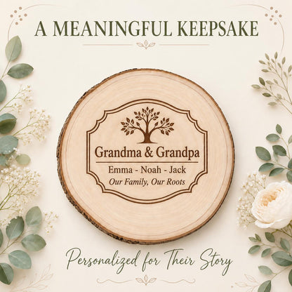 Grandparents Family Tree personalized engraved wood slice. Personalized keepsake example.