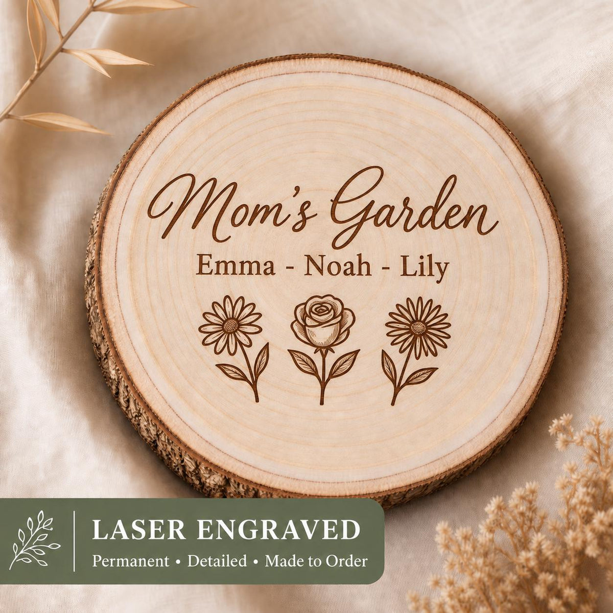 Mothers Day Birth Flowers personalized engraved wood slice. Engraving detail.