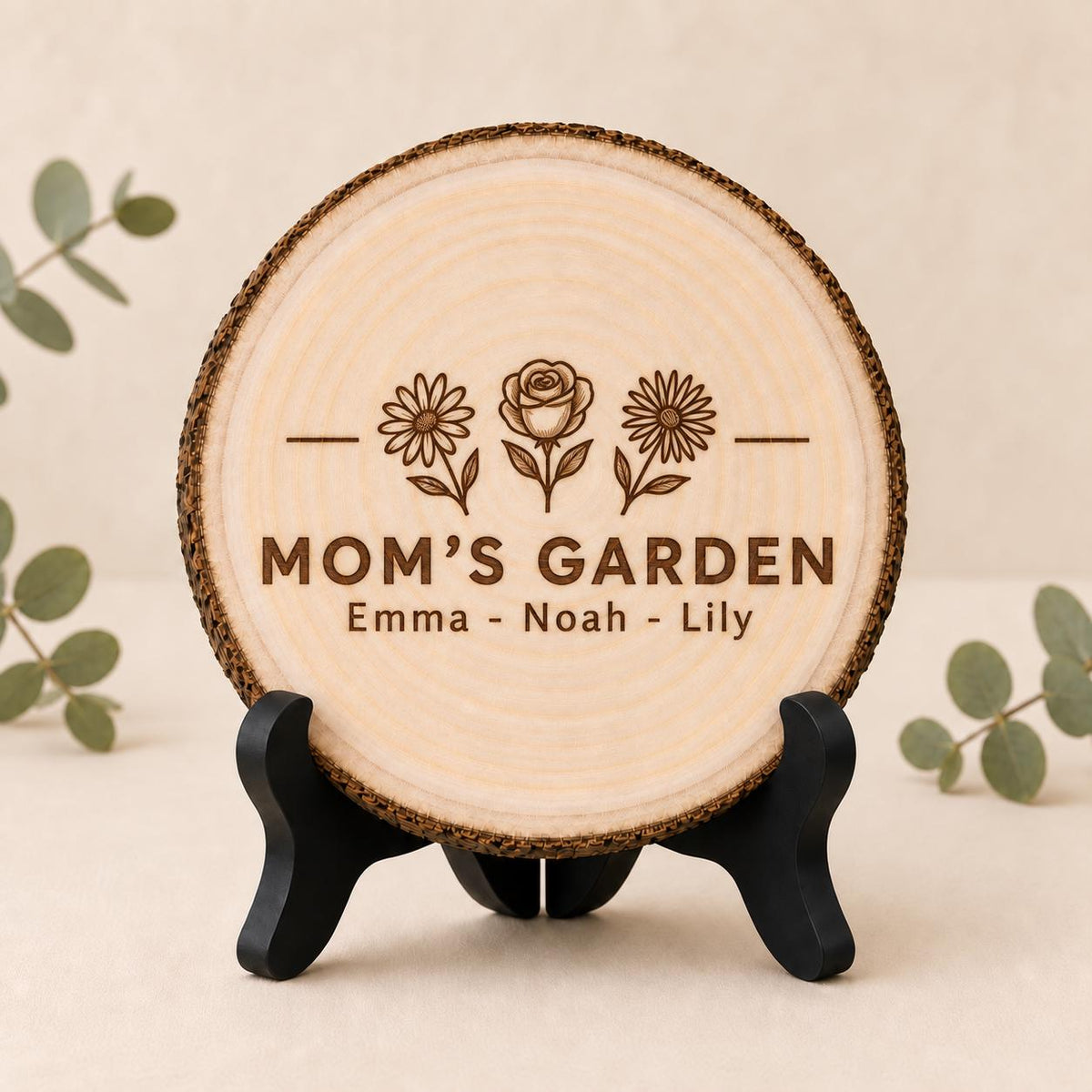 Mothers Day Birth Flowers personalized engraved wood slice. Optional stand display.