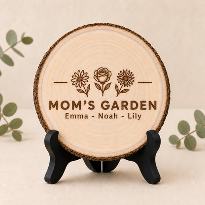 Mothers Day Birth Flowers personalized engraved wood slice. Optional stand display.