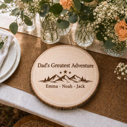 Fathers Day Keepsake personalized engraved wood slice. Table display example.