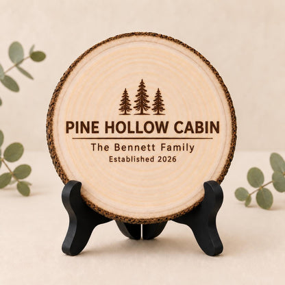 Cabin Owner personalized engraved wood slice. Optional stand display.