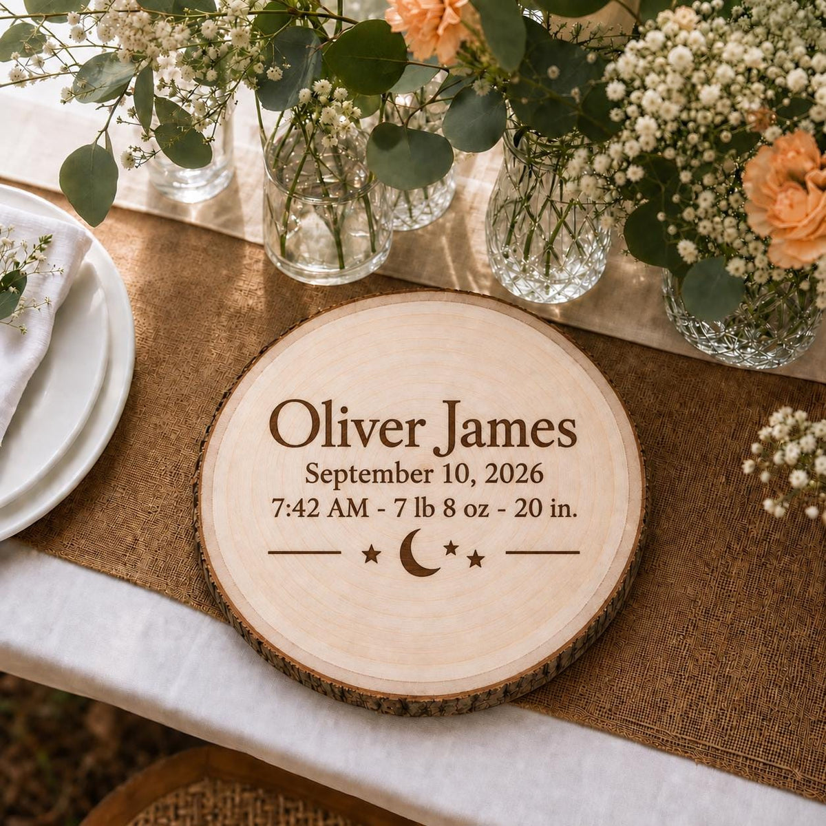 Baby Birth Stats personalized engraved wood slice. Table display example.